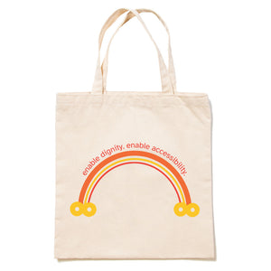 The words "enable dignity. enable accessibility." appear over a red, yellow, and gold rainbow terminating in gold infinity symbols.