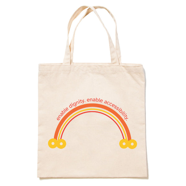 The words "enable dignity. enable accessibility." appear over a red, yellow, and gold rainbow terminating in gold infinity symbols.